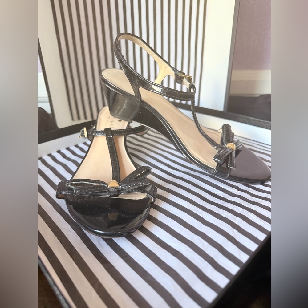 Black Kate Spade T-Strap Patent Leather Mid Heel Sandals with Bow Accent